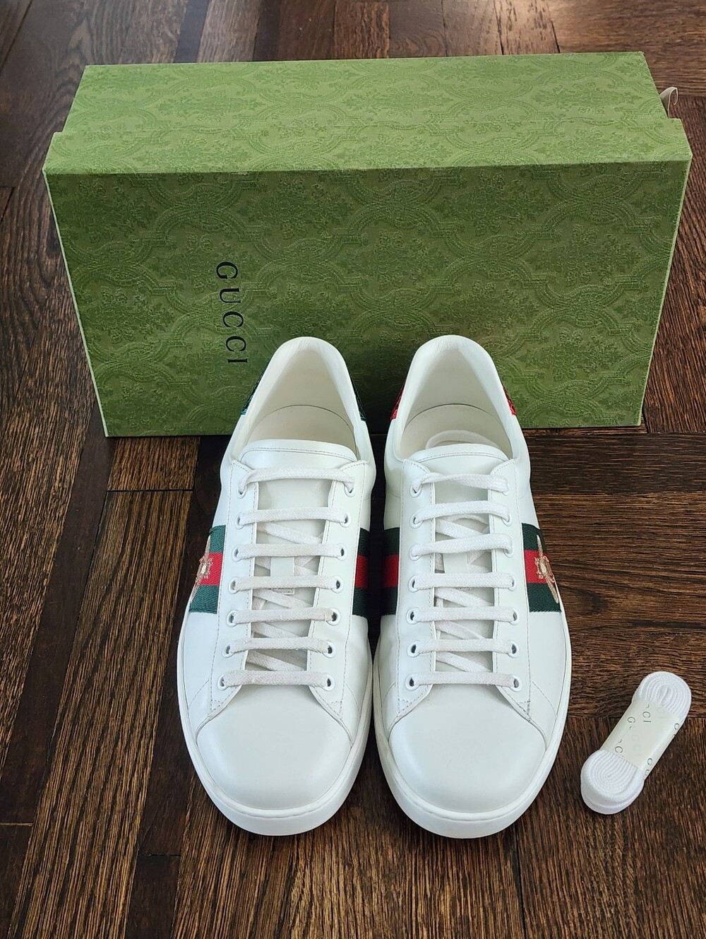 Gucci Ace Bee Embroidered Leather Sneakers White Green/Red Web Men 42944 UK 11.5